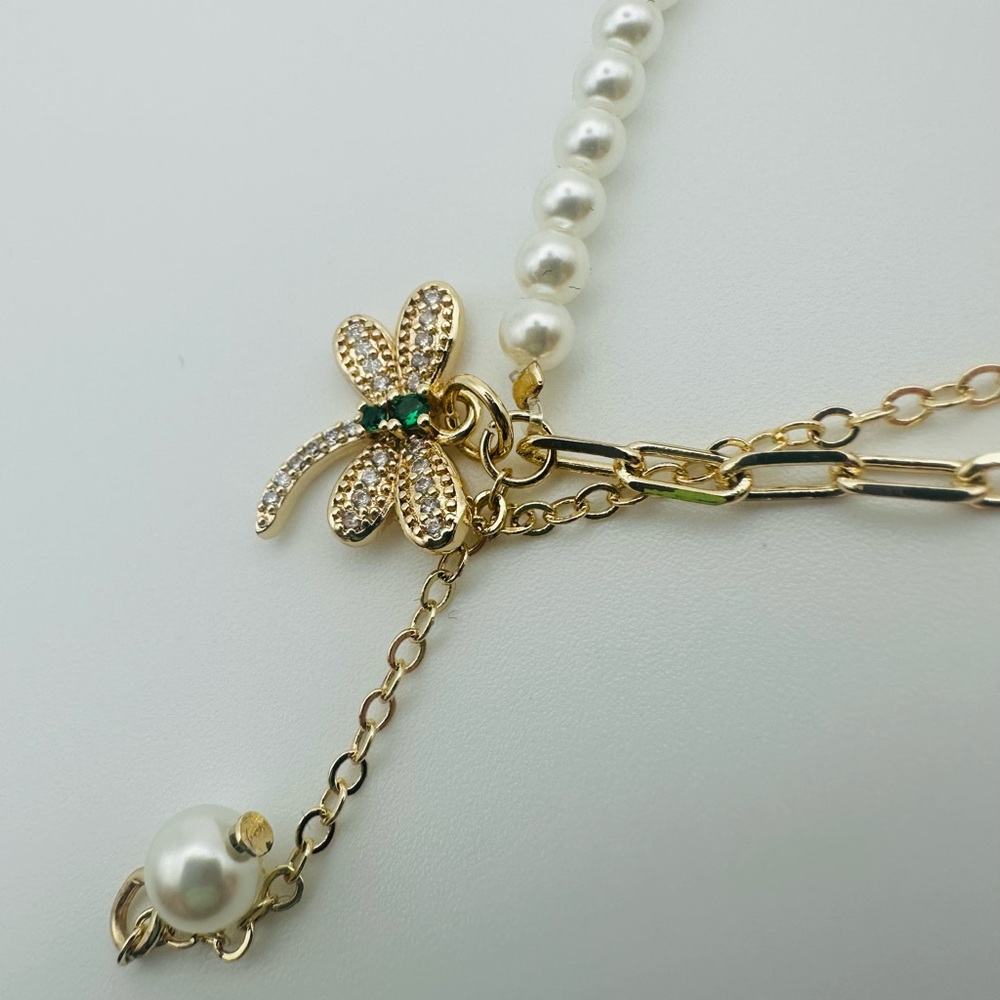 Gold and Pearl Dragonfly Charm Bracelet (Zirconia stone)